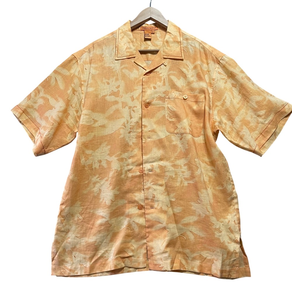 Tulliano Linen Button Down Shirt Mens Large Orange Tropical Short Sleeve Camp